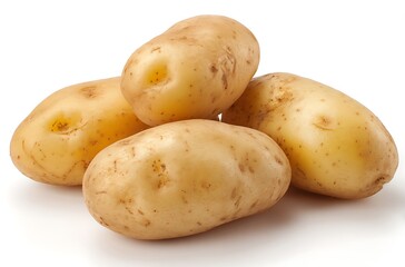 Five potatoes in different sizes, on a white background, realistic photography, high resolution, close-up