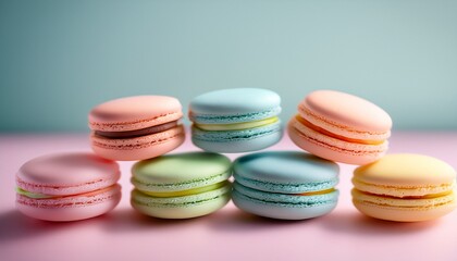 colorful macarons arranged beautifully on a soft pastel background these french treats are delicate and stylish perfect for any celebration or dessert table enjoy their sweet flavors ai