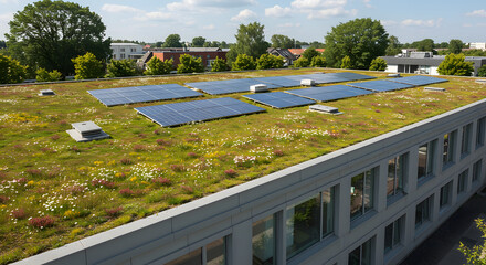 Fototapeta premium Eco friendly building with green roof and solar panels for sustainable energy and renewable power generation