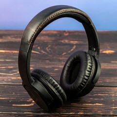 Black headphones on wooden table