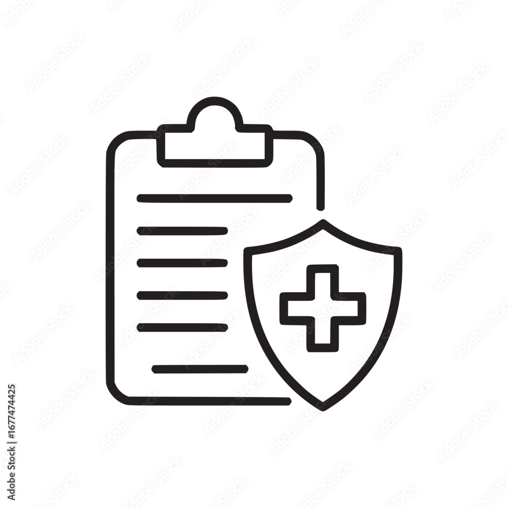 Poster outline illustration of a clipboard with lines and a shield with a plus sign on a white background