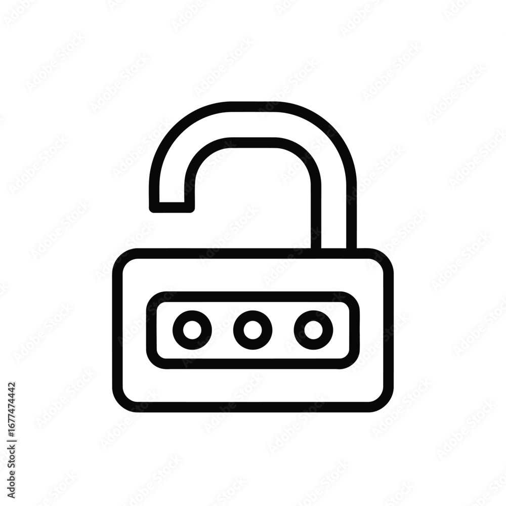 Poster line art icon of an unlocked padlock with a password field, symbolizing security access or open prot
