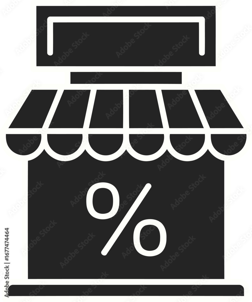 Poster vector art of a store with a percentage sign is depicted in a simple line drawing on a dark gray bac