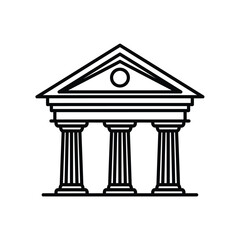 A black and white line art icon of a classical Greek or Roman building with three columns and a pediment.