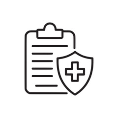 Outline illustration of a clipboard with lines and a shield with a plus sign on a white background