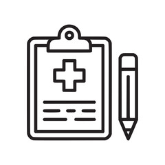 A clipboard with a medical cross and lines next to a pencil in a black and white line drawing style