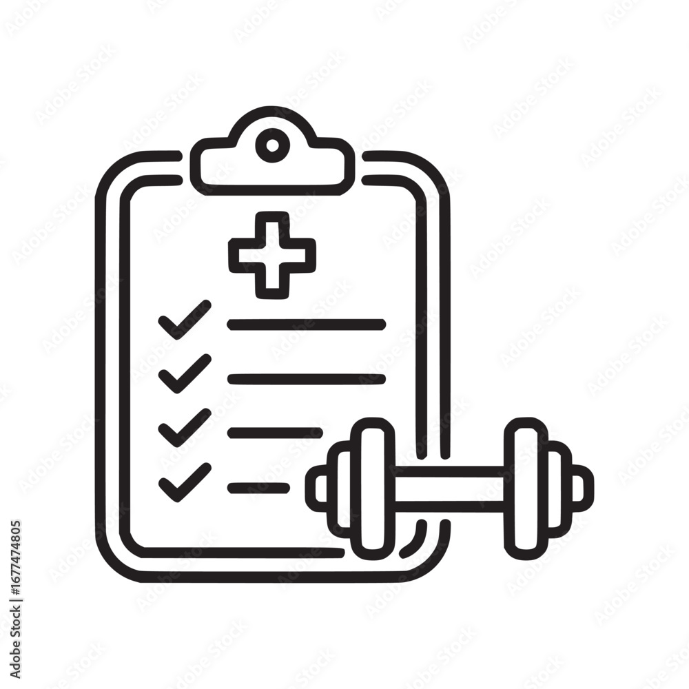Poster a clipboard with a plus sign and checkmarks next to a dumbbell on a white background design icon