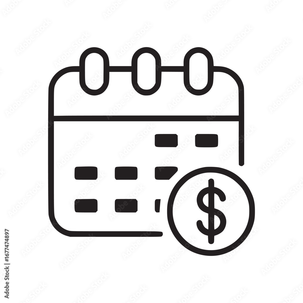 Poster a line drawing of a calendar with a dollar sign representing financial planning and scheduling payme