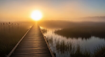 Naklejka premium A wooden boardwalk through a marsh at sunrise with fog and golden light