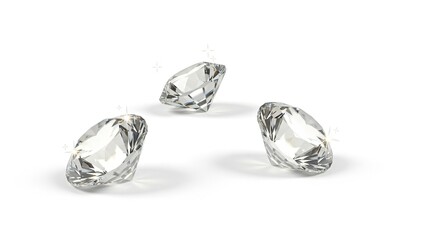 Three sparkling brilliant-cut diamonds scattered on a clean white background, showcasing their facets and clarity.