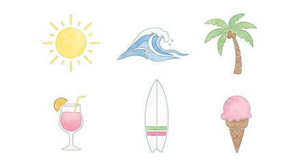Watercolor illustrations of summer and beach elements including sun, wave, palm tree, cocktail, surfboard, and ice cream on a white background.