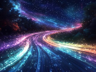 Starry night sky with time-lapse light streaks and abstract blue purple green line pattern for music album cover