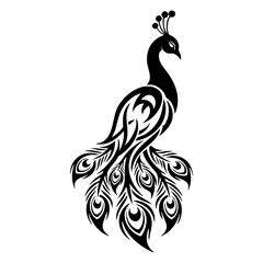 Fototapeta premium Stylized Black Silhouette of a Peacock with Flowing Tail Feathers