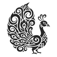 Stylized Black Silhouette of a Peacock with Flowing Tail Feathers