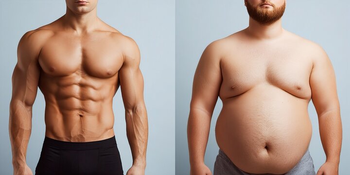 Striking Visual Contrast Between a Muscular, Fit Male Physique with Sculpted Abs and an Overweight Mans Body, Representing Fitness and Health Transformation.