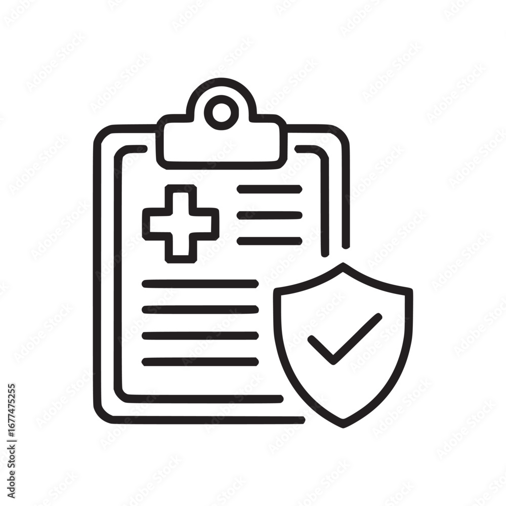 Aufkleber a clipboard with a plus sign and lines next to a shield with a check mark on a white background