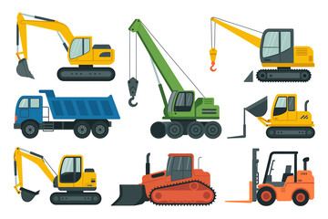 Heavy Construction Equipment Vector Set Bulldozers, Cranes, Trucks for Building and Industrial Projects