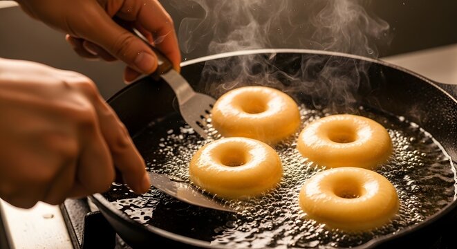 Four goldenbrown donuts frying in hot oil in a black pan, being flipped with a spatula during the cooking process