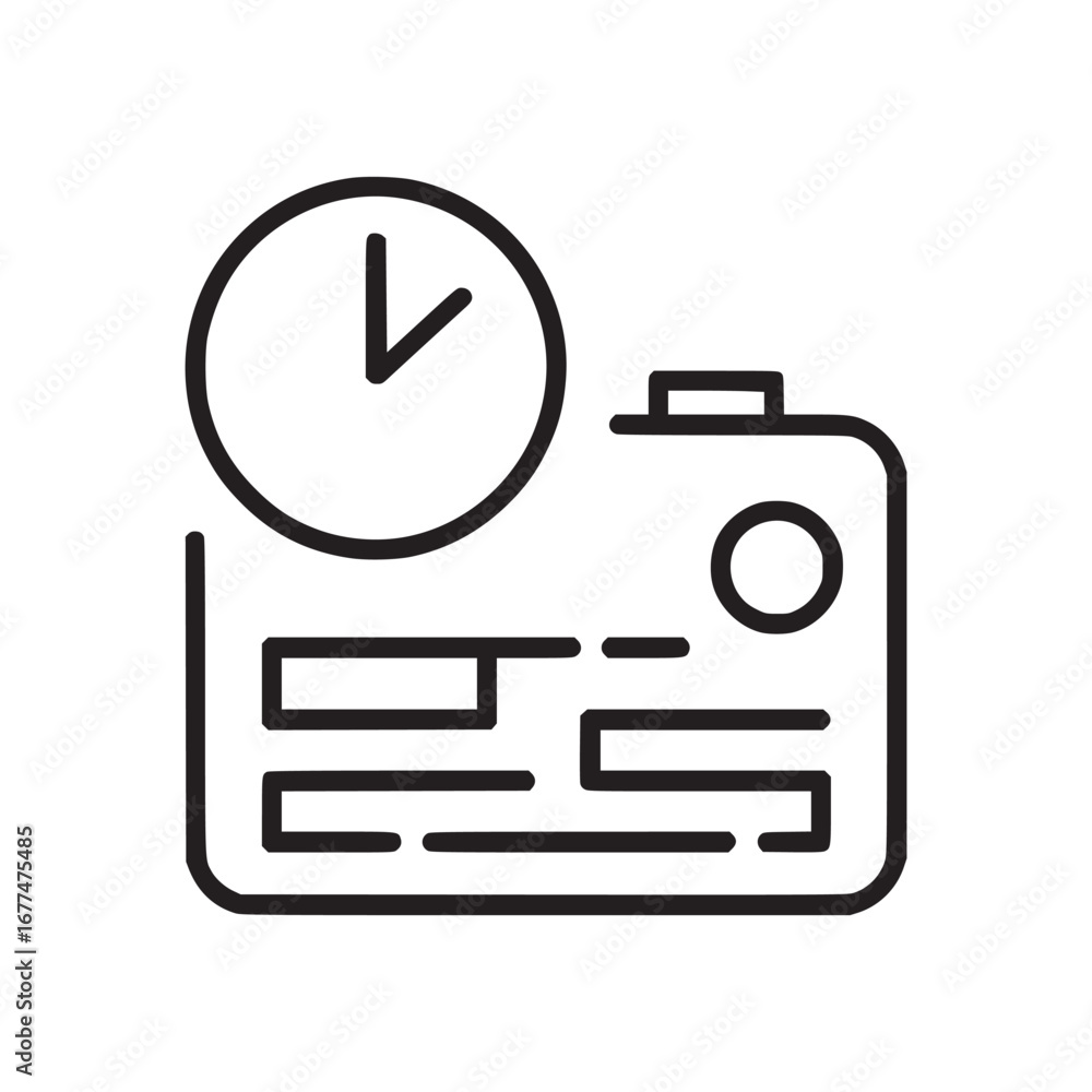 Aufkleber a line drawing of a clock and a card with a circle and lines against a white background plain style