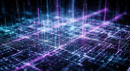 Abstract digital network grid with glowing blue and purple light streams
