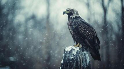 High-resolution close-up of eagle perched on tree bark