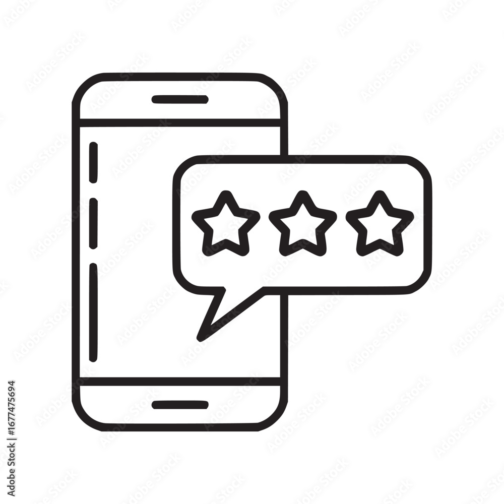 Aufkleber outline of a smartphone with a speech bubble containing three stars indicating a review rating syste