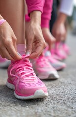 Runners tying pink running shoes for breast cancer awareness