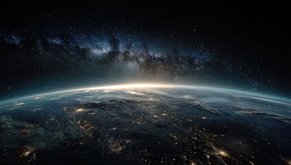 Earth at dawn from space, with Milky Way