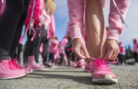 Woman tying pink running shoes for breast cancer awareness event - Powered by Adobe