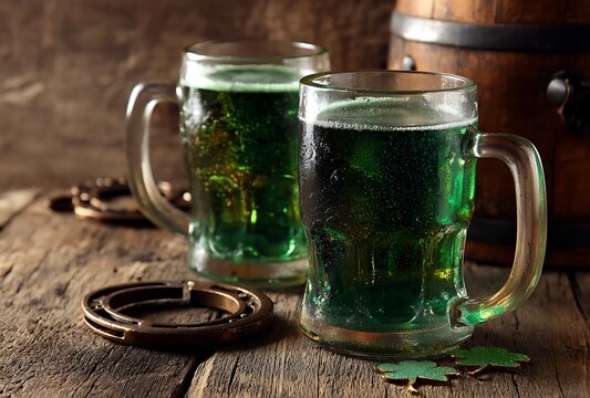 St. Patrick's Day concept, with green beer in mugs and a horseshoe on a wooden background