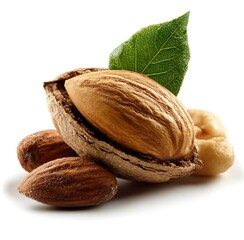 The ideal size of an almond on a white background, with some leaves for decoration. The texture is clear