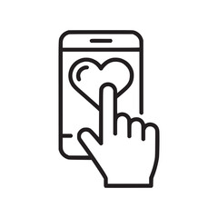 Hand touching heart icon on phone screen in black and white outline style vector illustration