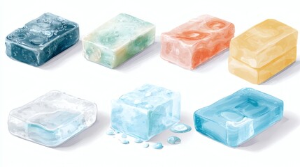Obraz premium A collection of colorful ice cubes in various shapes and sizes, some melting with water droplets, showcasing a range of colors including blue, green, orange, and clear