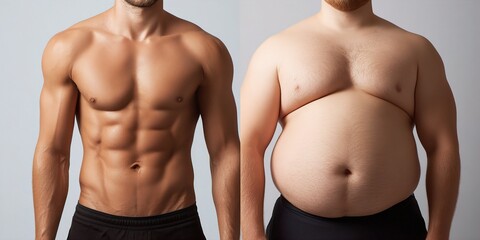 Direct Comparison of Two Male Body Types a Fit, Muscular Man with Toned Abs and an Overweight, Obese Man, Emphasizing Health and Weight.
