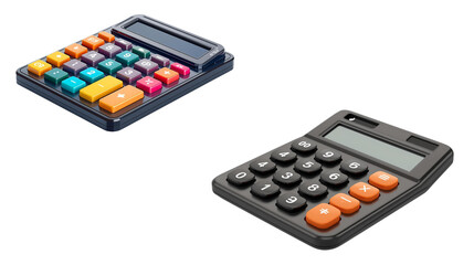 Two calculators one with colorful buttons and one with orange buttons isolated on transparent background