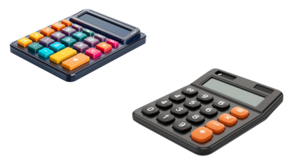 Two calculators one with colorful buttons and one with orange buttons isolated on transparent background