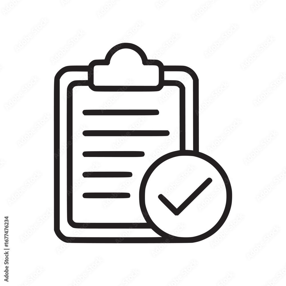 Poster illustration of a clipboard with horizontal lines and a check mark in a circle on a white background