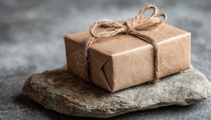 A small, rustic gift, wrapped in brown kraft paper and tied with twine, rests on a gray stone