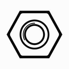 Black and white line art illustration of a hexagonal nut with concentric circles inside, representing a mechanical fastener.