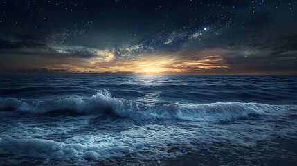 Fototapeta premium Night ocean with countless stars above soft glow reflex