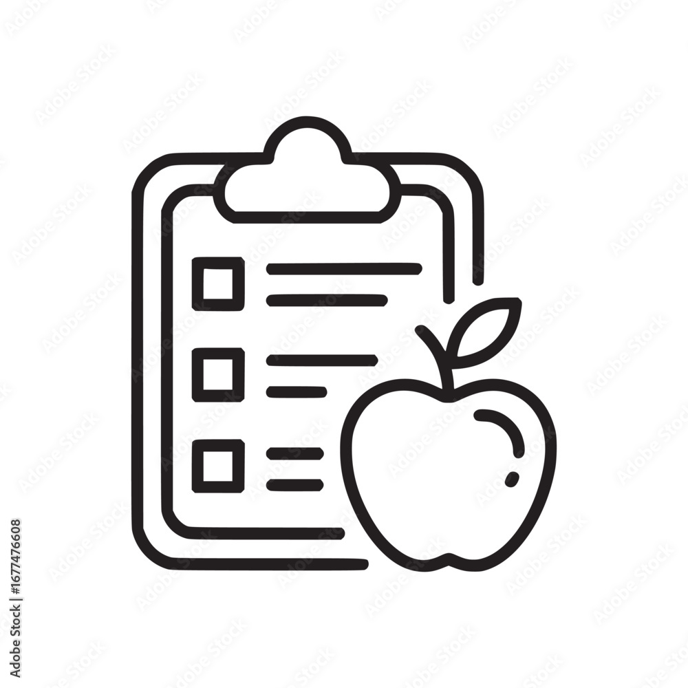 Poster black outline of a clipboard with checklist boxes and lines next to an apple on a white background