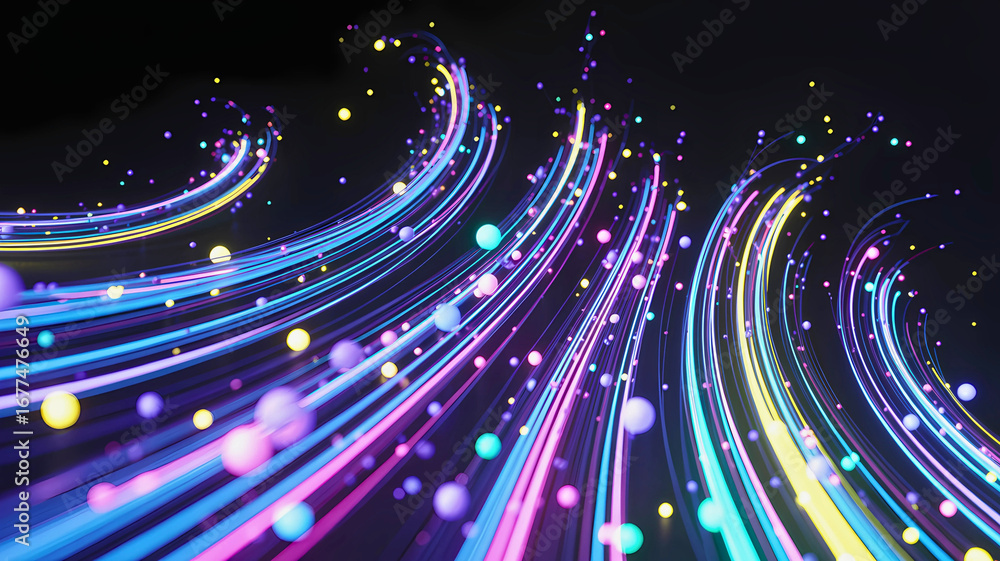 Poster dynamic flow of luminous energy particles and neon light streams on a black background, representing