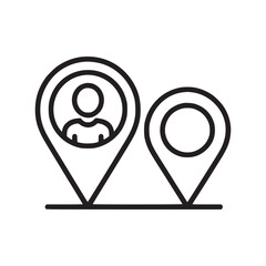 Two location pin icons connected by a line one with a person and one without on a white background