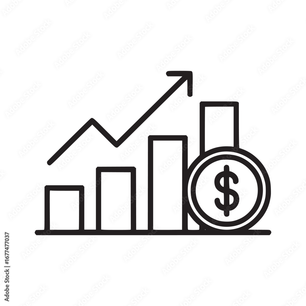 Poster illustration of a bar graph with an upward arrow and a dollar coin on a white background