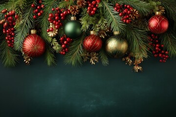 Festive christmas garland with ornaments and berries on dark background