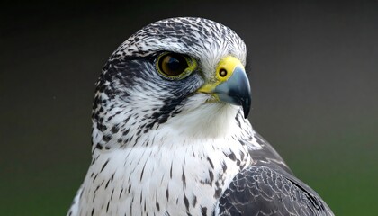 Close-up profile view of a falcon, showcasing intricate plumage patterns in black and white, with a striking yellow eye.