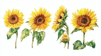 Obraz premium A series of watercolor illustrations depicting sunflowers at different stages of growth, showcasing vibrant yellow petals and green leaves