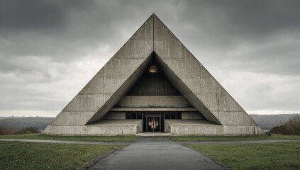 Imposing concrete triangular structure, minimalist design, under a brooding sky; pathway leads to recessed entrance