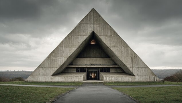 Imposing concrete triangular structure, minimalist design, under a brooding sky; pathway leads to recessed entrance