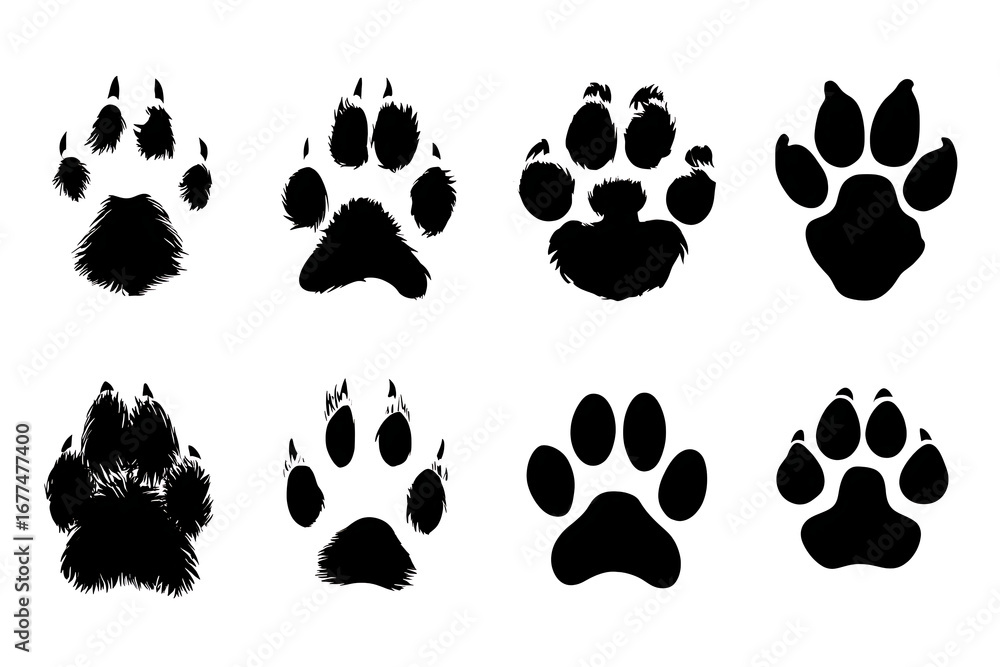 Poster various styles of animal paw prints displayed in a grid, showcasing different textures and shapes
